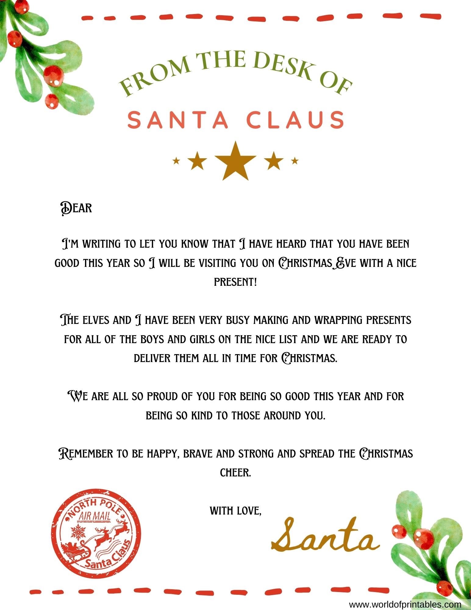 Free Printable Fill In Blank Letter From Santa Template