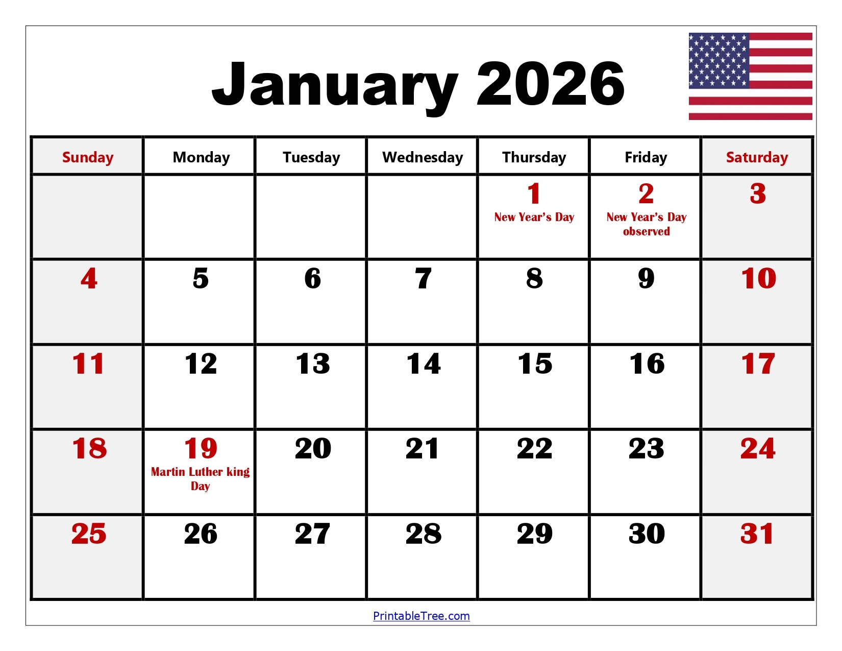 Free Printable January 2026 Calendar Template