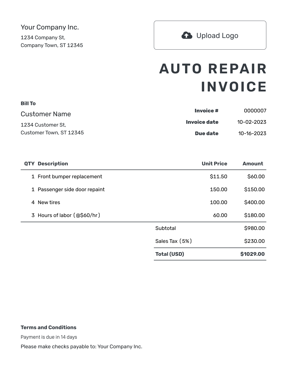 Free Printable Auto Repair Invoice Template