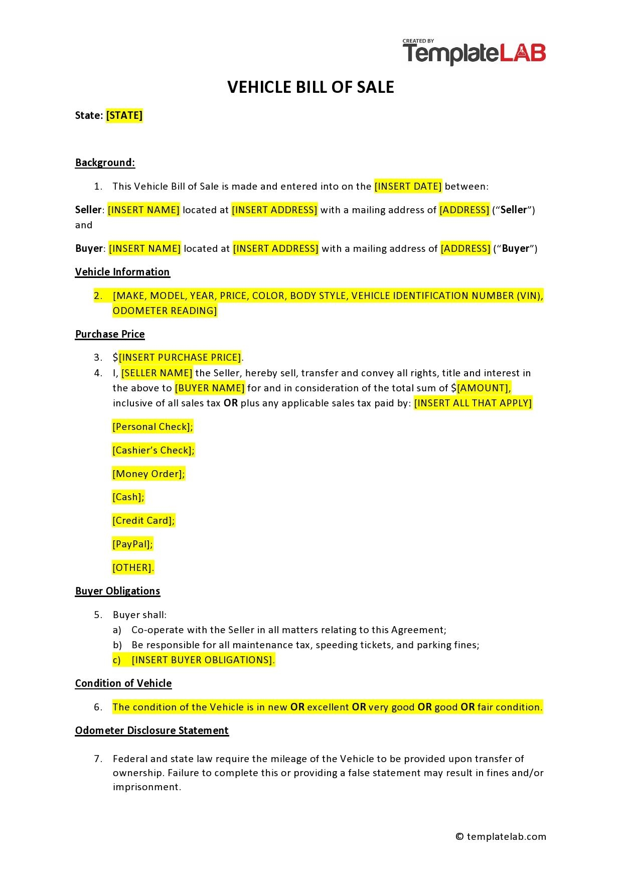 Free Printable Car Purchase Agreement Templates