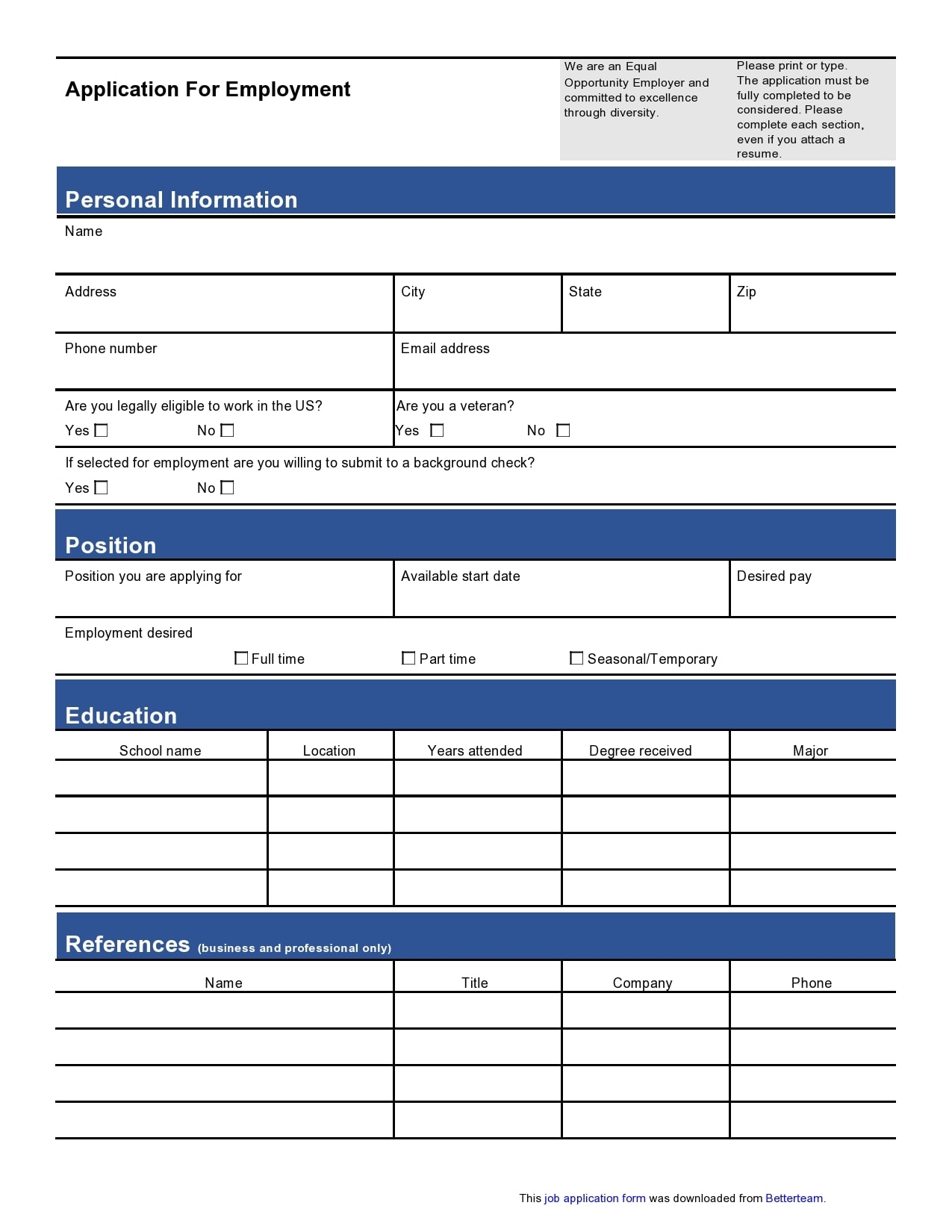 Printable Job Application Templates Free
