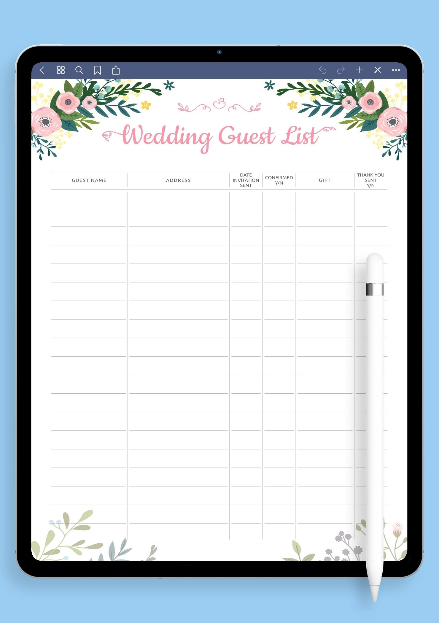 Download Printable Wedding Guest List Template With Floral Pattern PDF Download Printable Wedding Guest List Template With Floral Pattern PDF