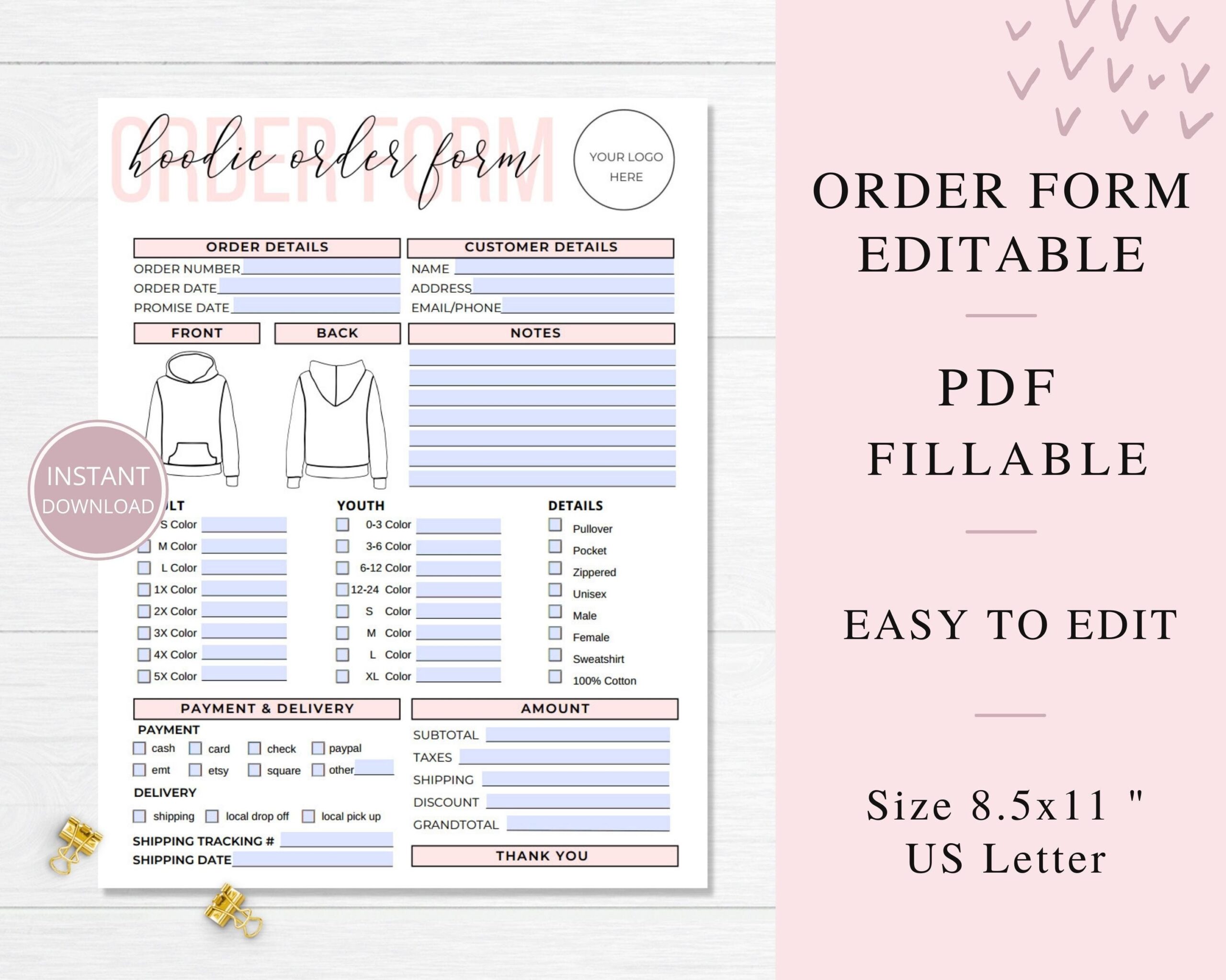 Fillable Hoodie Order Form Editable Printable Shirt Order Form Editable Small Business Order Forms PDF Business Printables PDF 001 Etsy