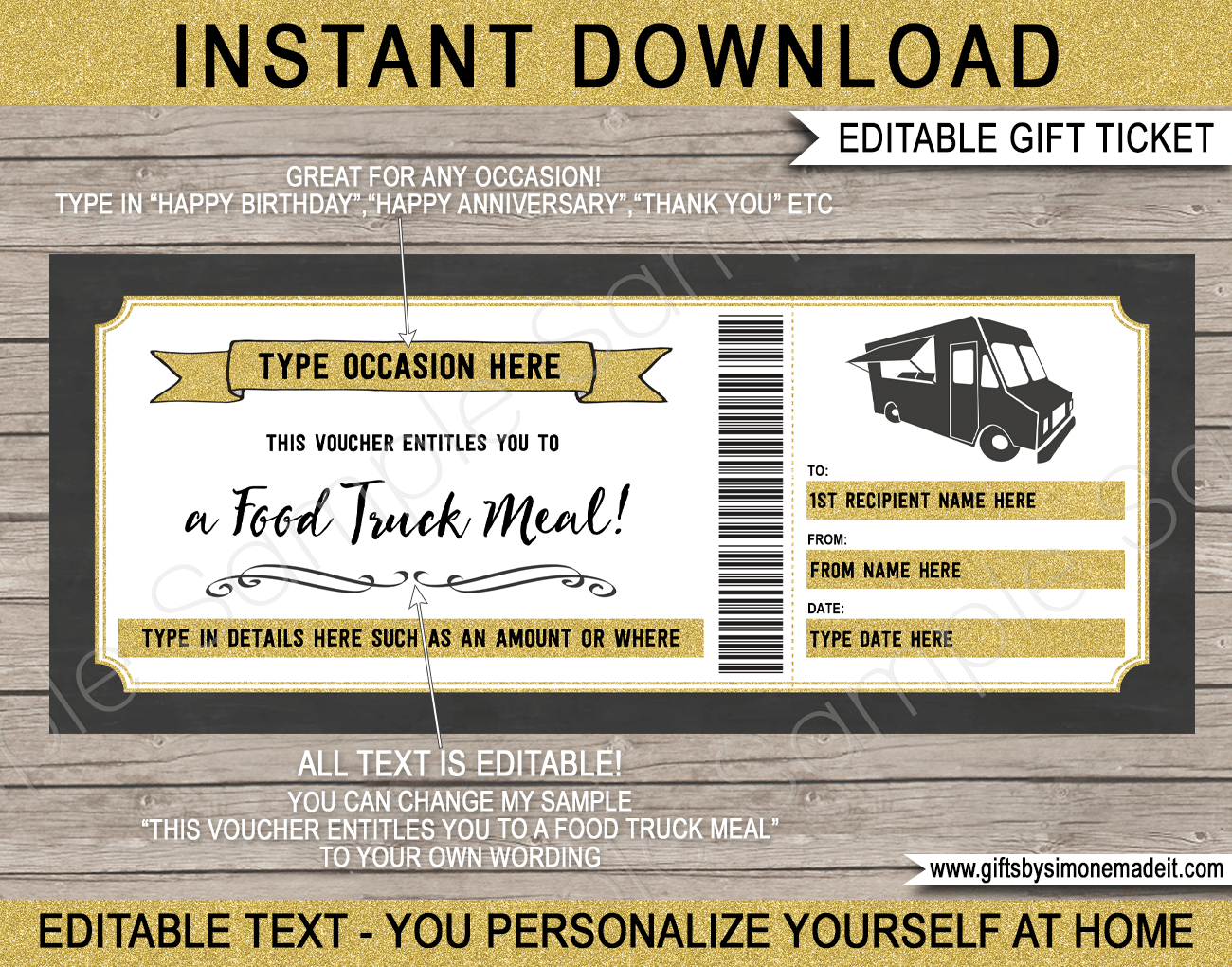 Food Truck Meal Voucher Template Printable Gift Ticket Card Certificate