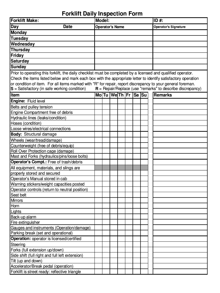 Printable Free Weekly Forklift Inspection Checklist Templates