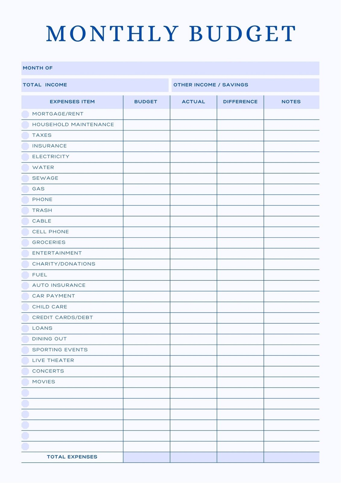 Free Monthly Budget Templates Printable