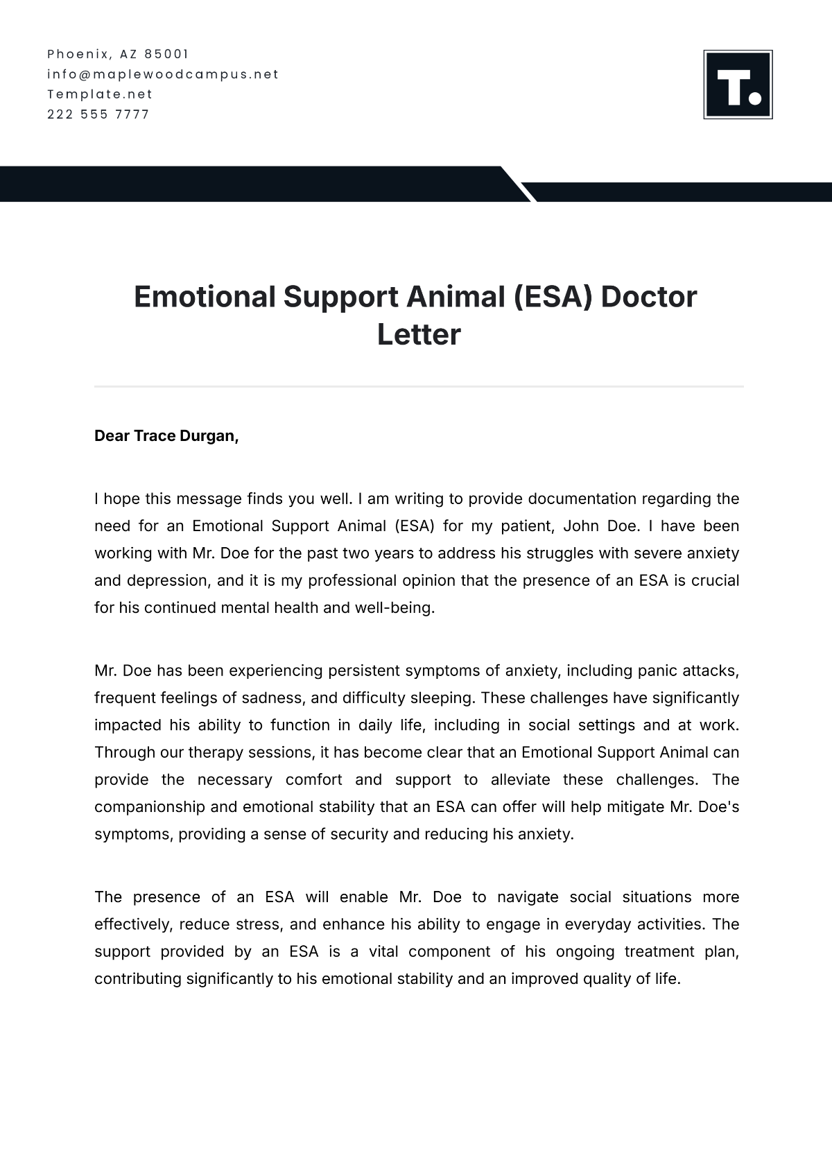 Free Printable Emotional Support Animal Letter Templates