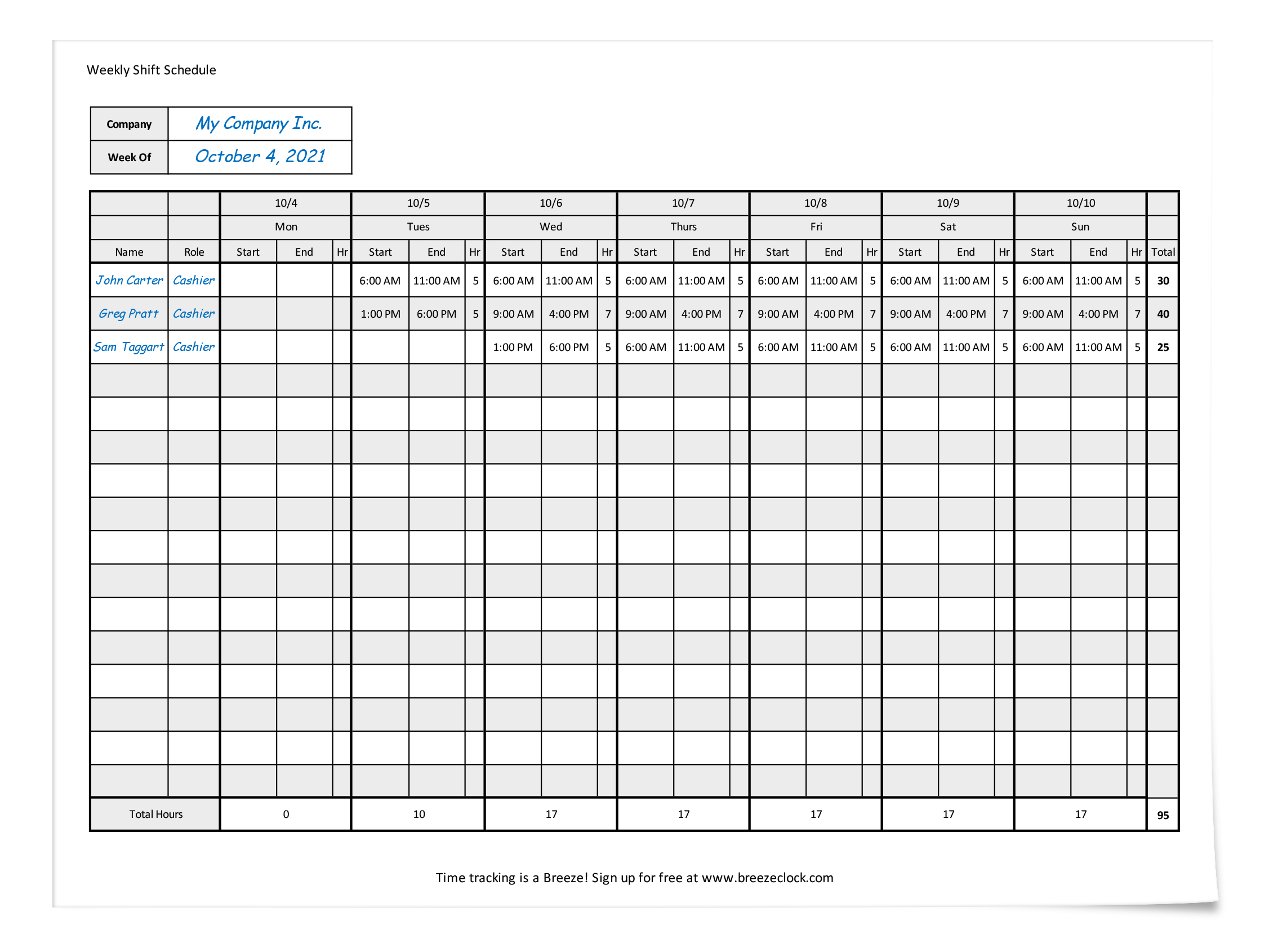 Printable Free Weekly Employee Work Schedule Templates