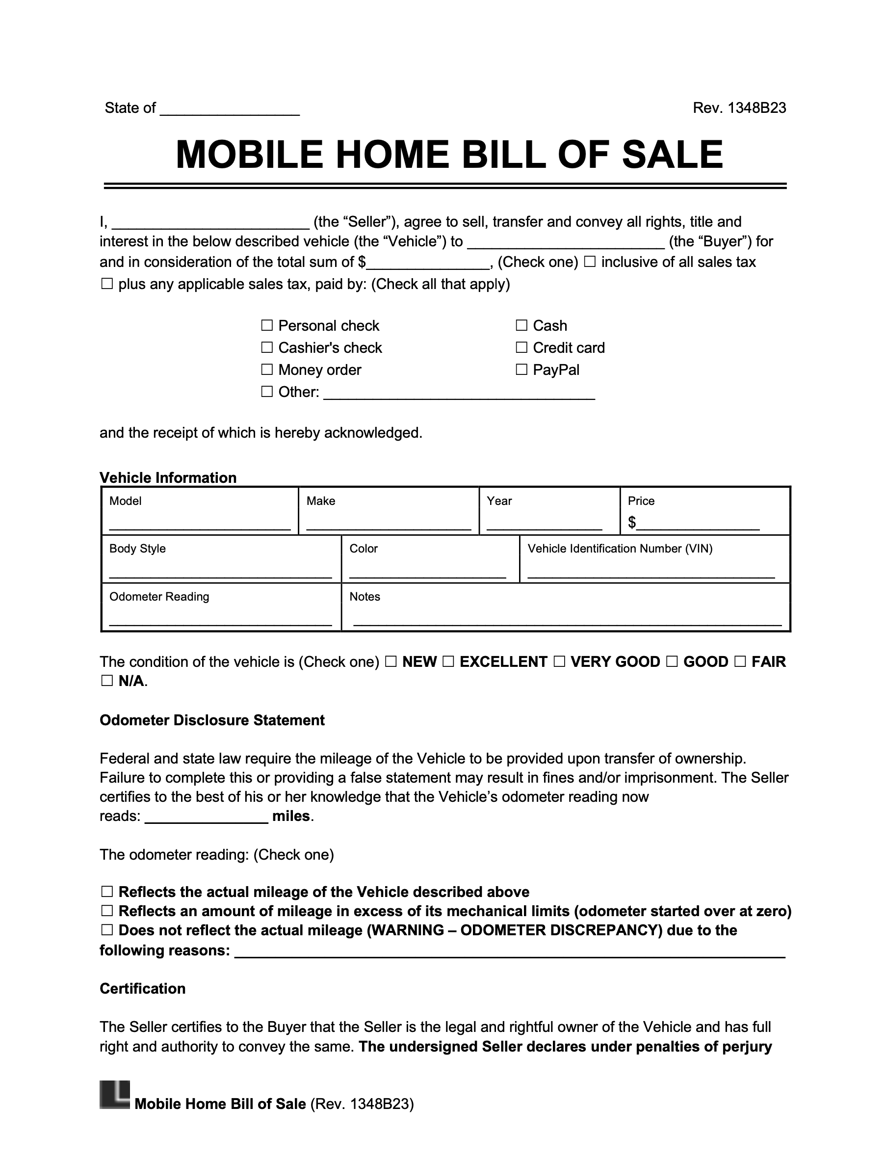 Printable Mobile Home Bill Of Sale Templates Free Download