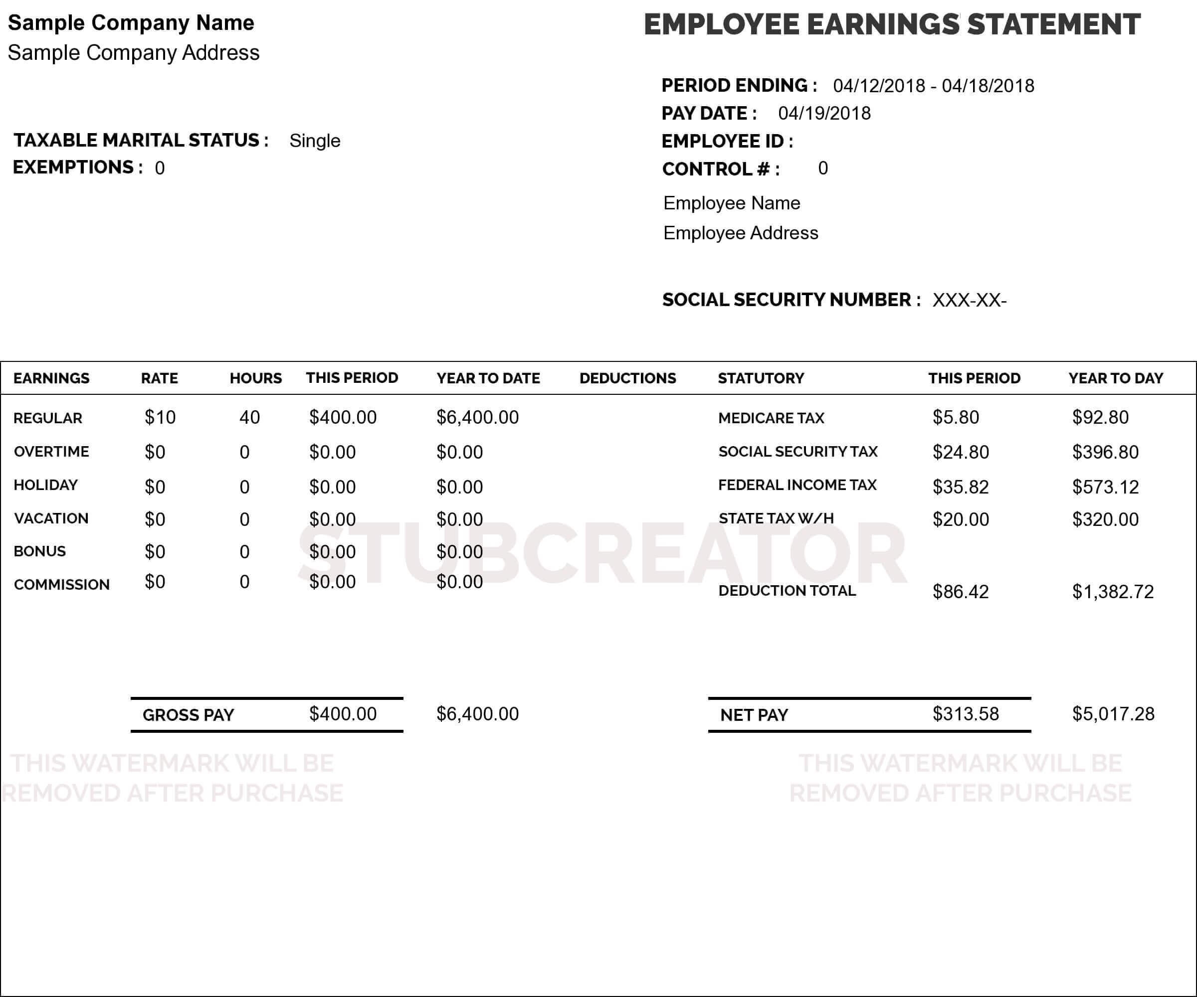 Printable Pay Stub Templates Free