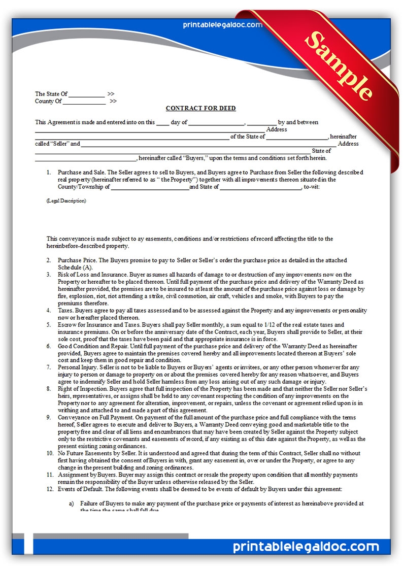 Free Printable Contract For Deed Templates