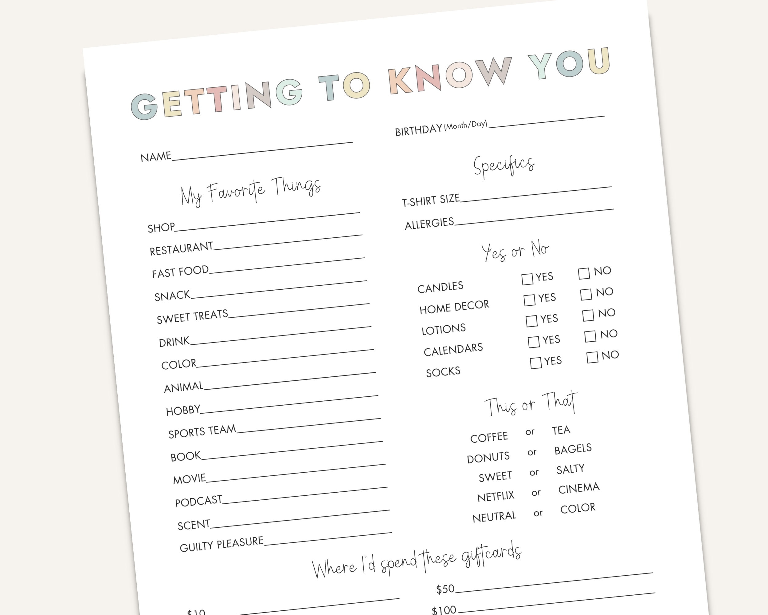 Getting To Know You Editable Printable Coworker Questions All About Me Survey Employee Favorite Things Appreciation Gift Exchange Team Etsy