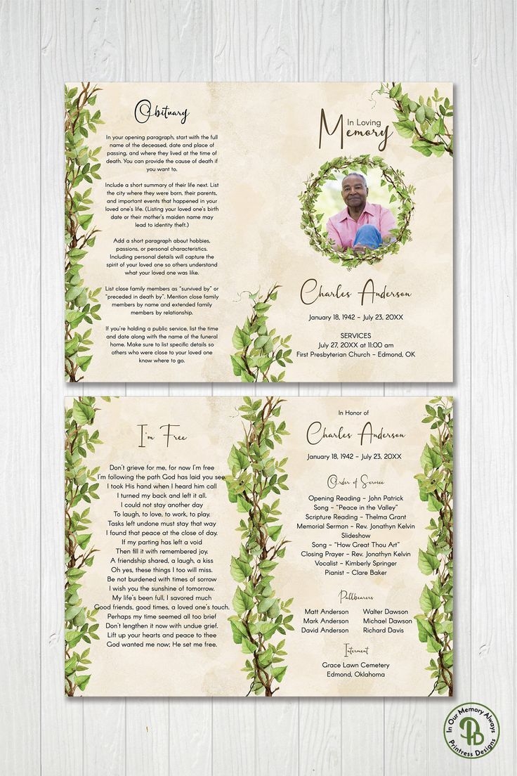 Greenery Vine Wreath Funeral Program Template Printable Celebration Of Life Memorial Obituary