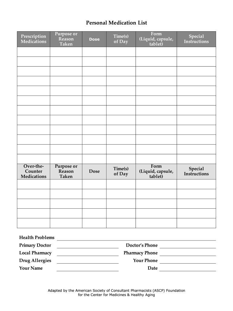 Free Printable Medication List Templates