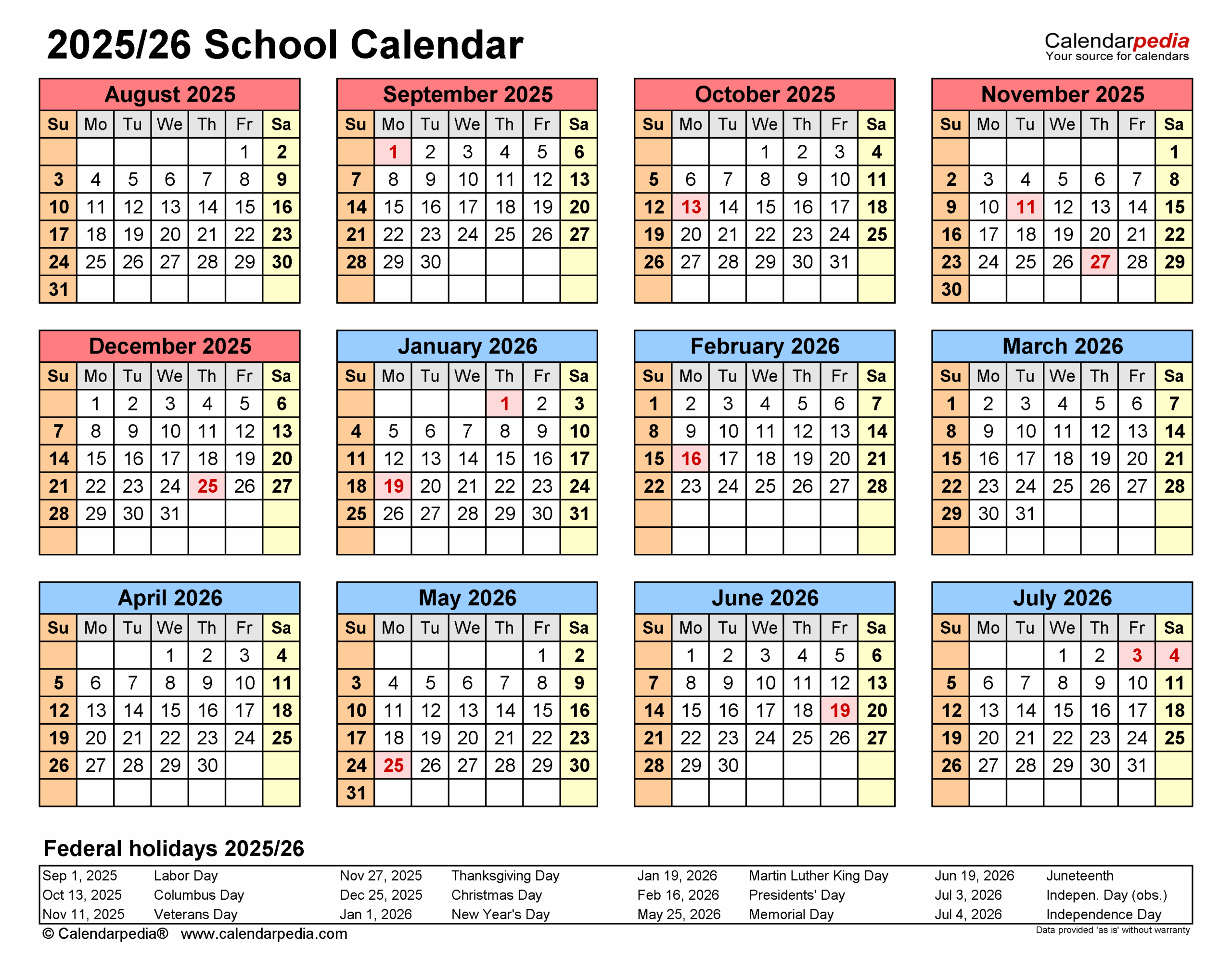 Free Printable 2025 And 2026 School Calendar Templates