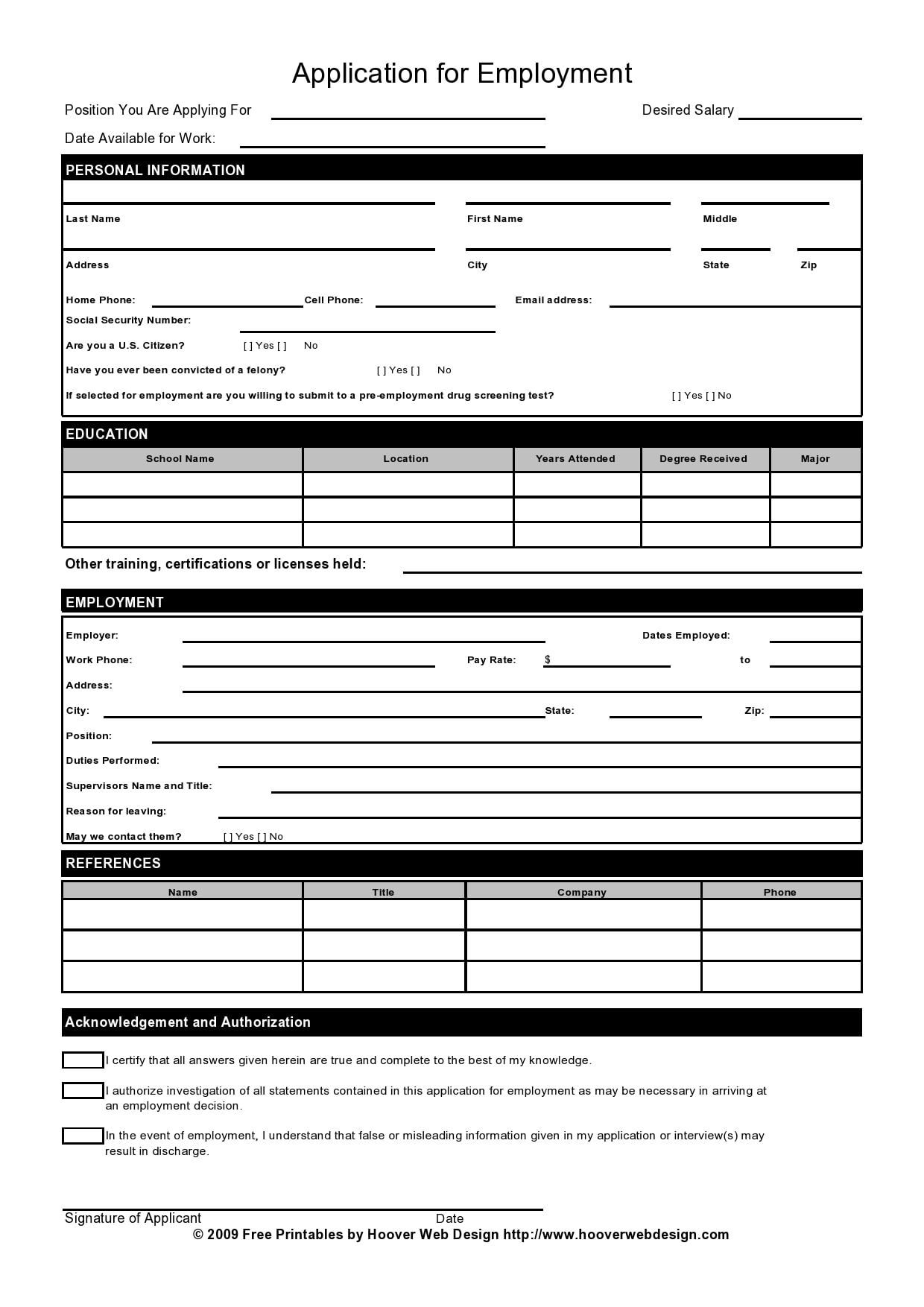 Free Printable Job Application Templates