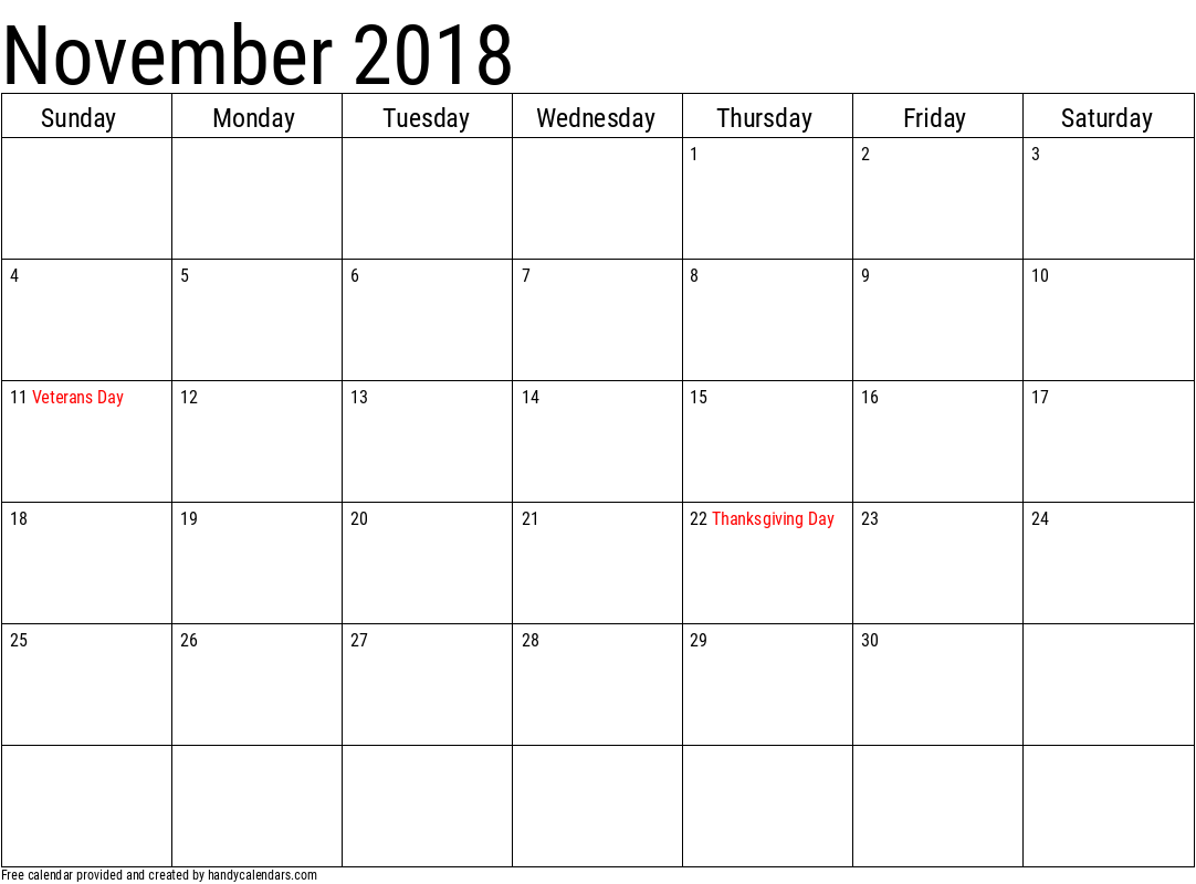 Free Printable November 2018 Calendar Template