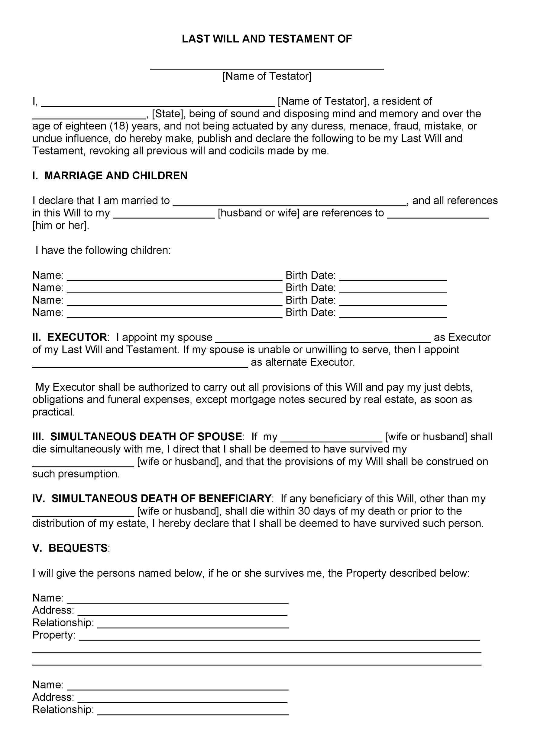 Free Printable Last Will And Testament Templates Free Printable Last Will And Testament Templates