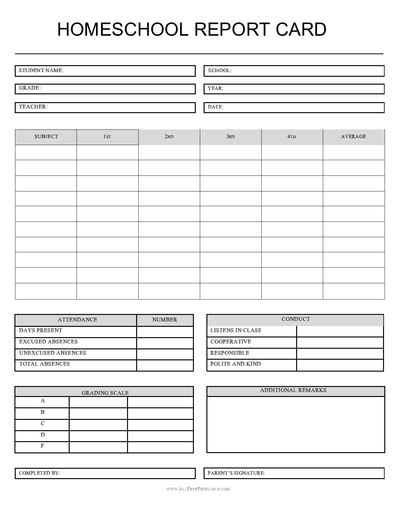Free Printable Homeschool Report Card Template