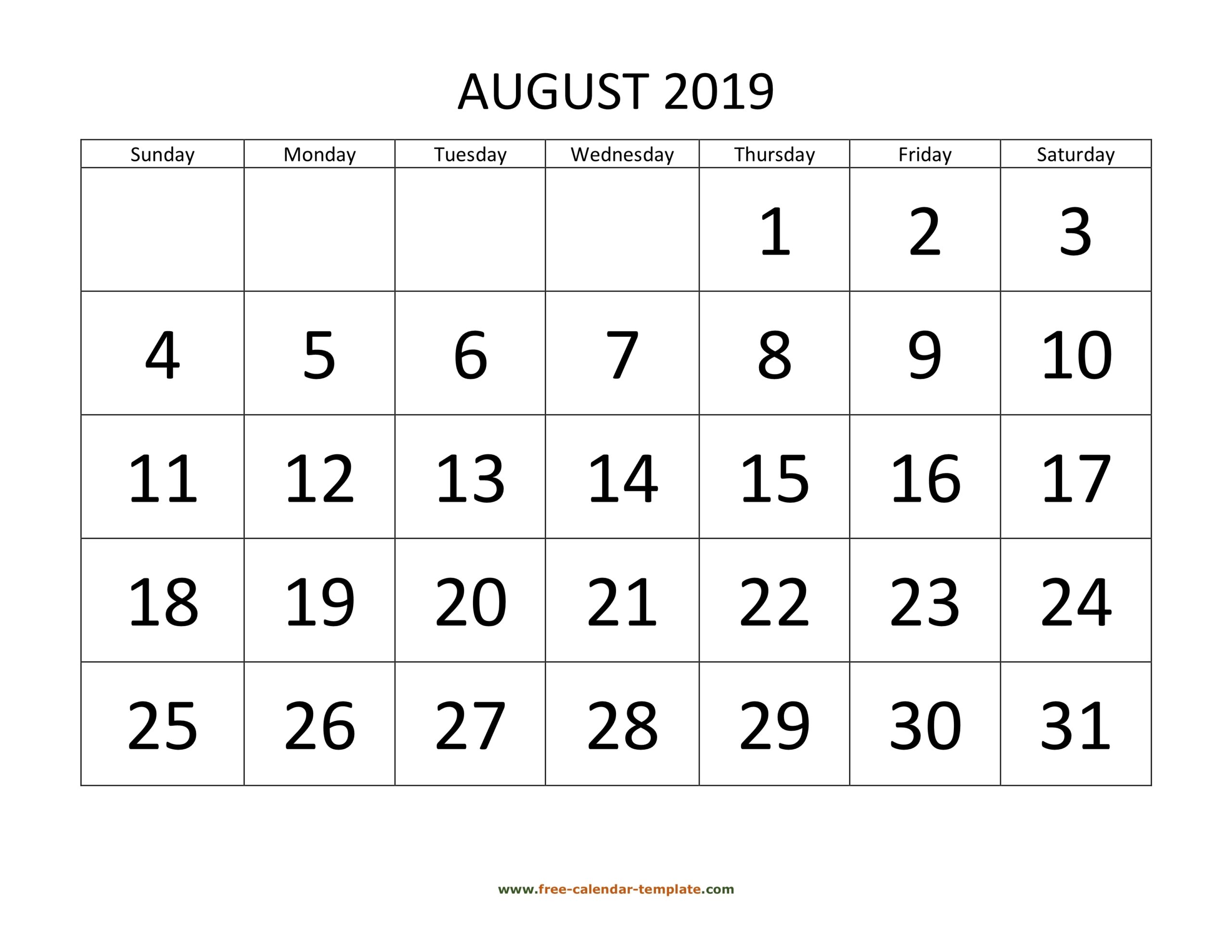 August 2019 Calendar Designed With Large Font horizontal Free calendar Template