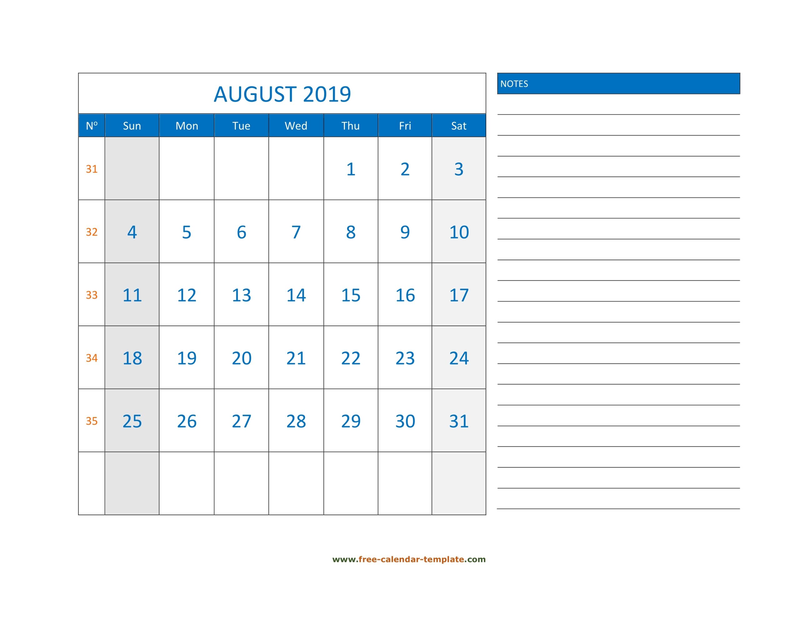 Free Printable August 2019 Calendar Template