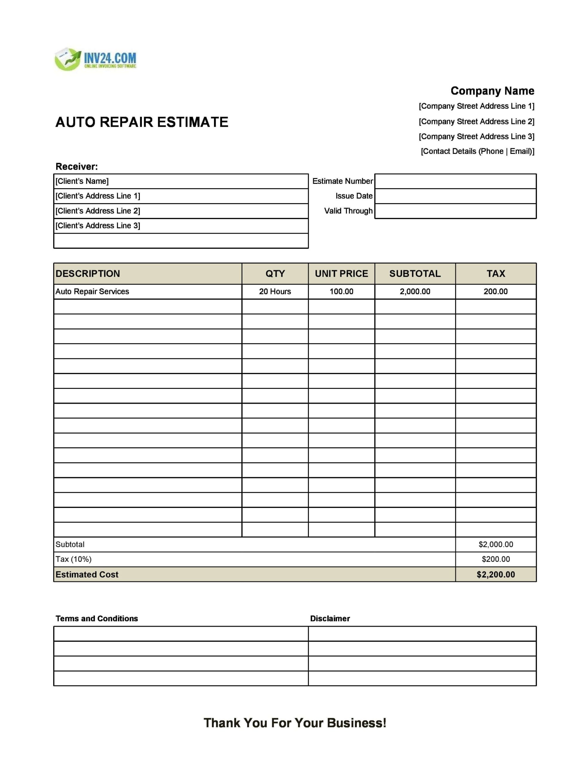 Printable Free Auto Body Repair Estimate Templates Forms Printable Free Auto Body Repair Estimate Templates Forms