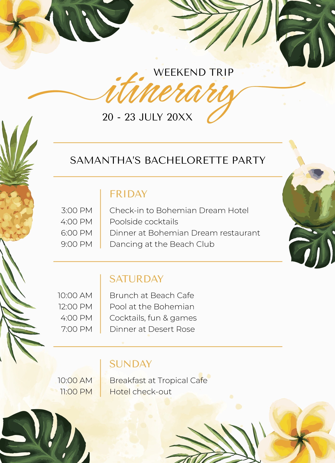 Free Printable Bachelorette Itinerary Template