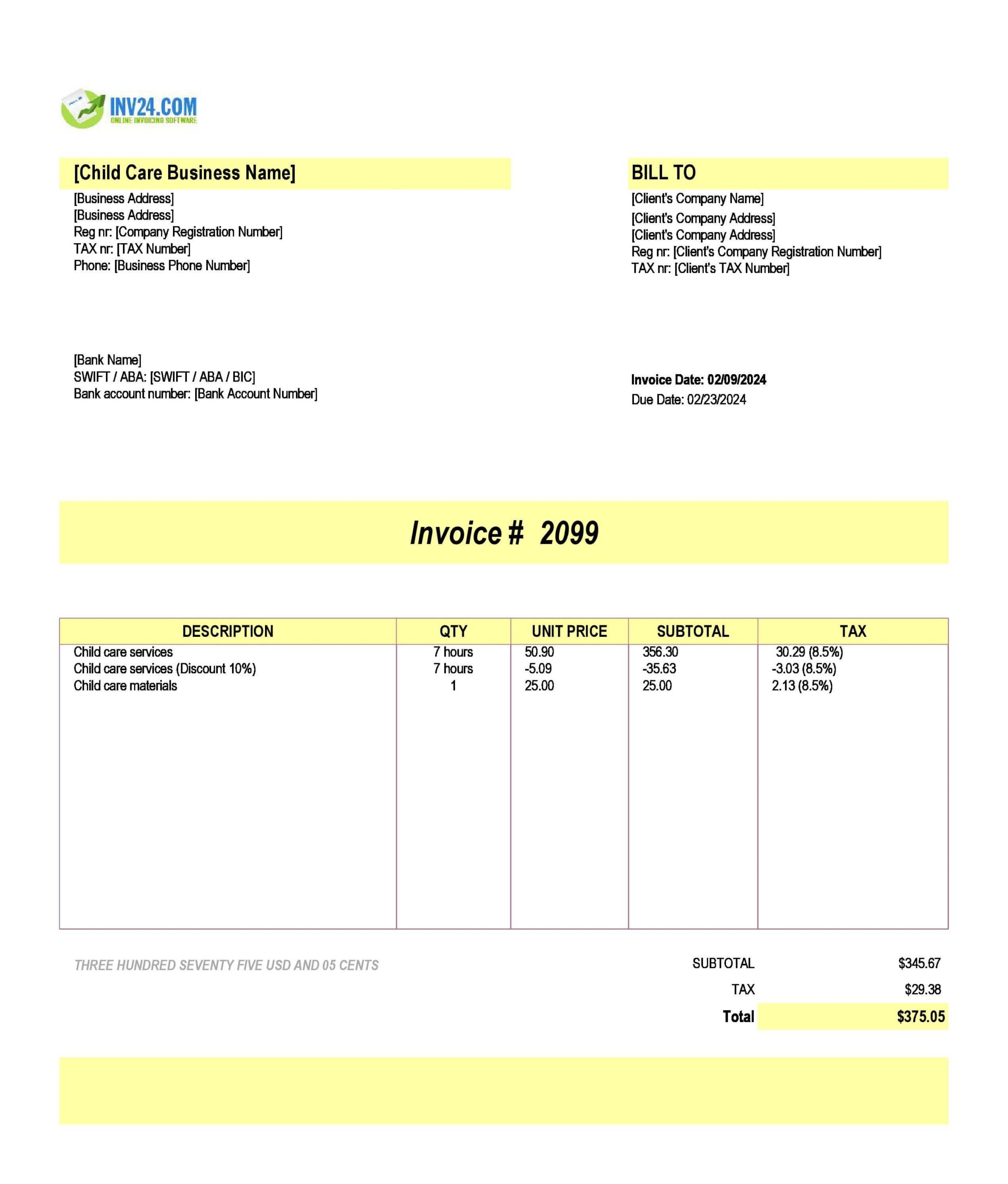 Child Care Invoice Template Excel Google Sheets 