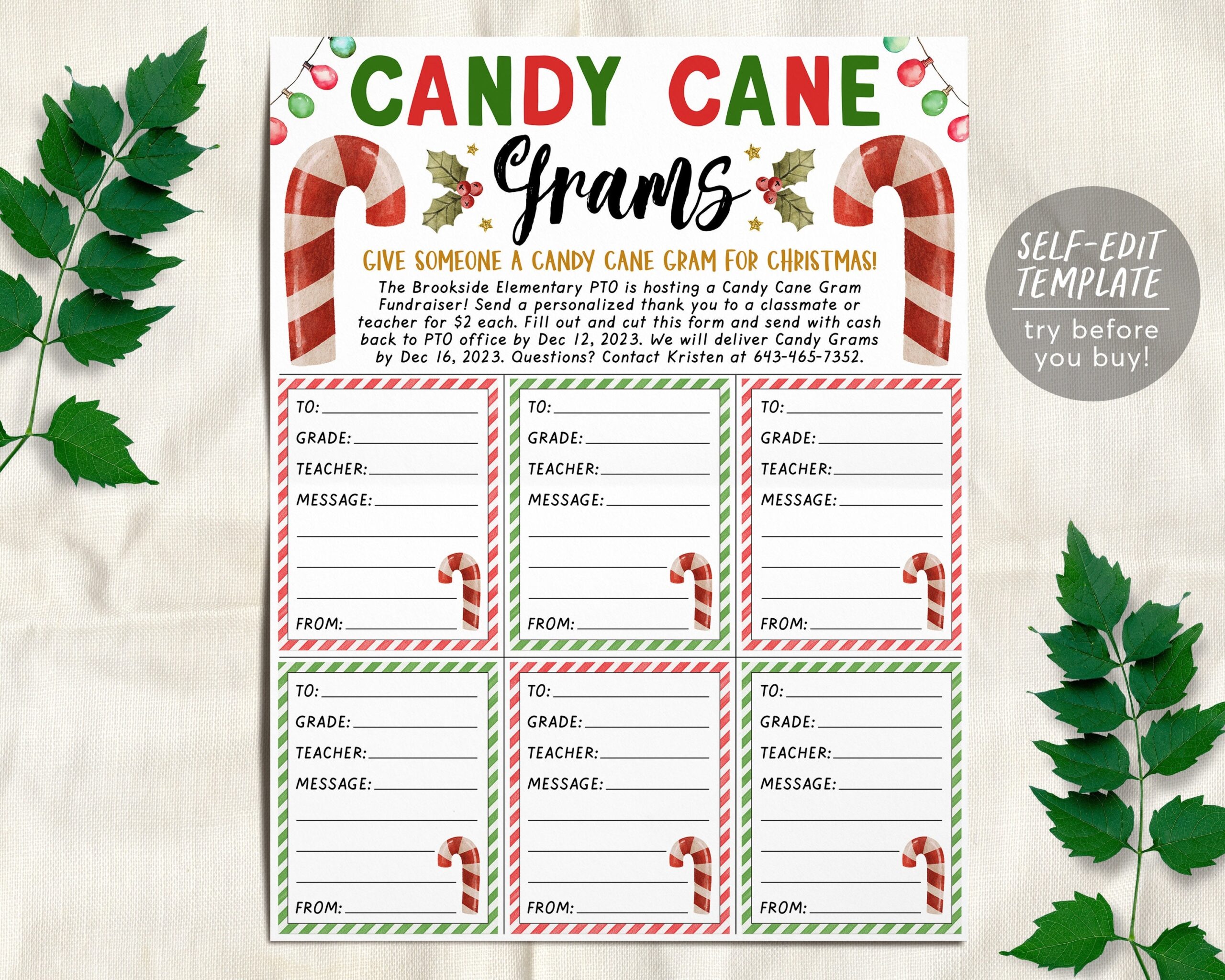 Christmas Candy Cane Gram Flyer Editable Template Holiday Candy Gram Fundraiser Event PTA PTO School Church Community Winter Printable Etsy
