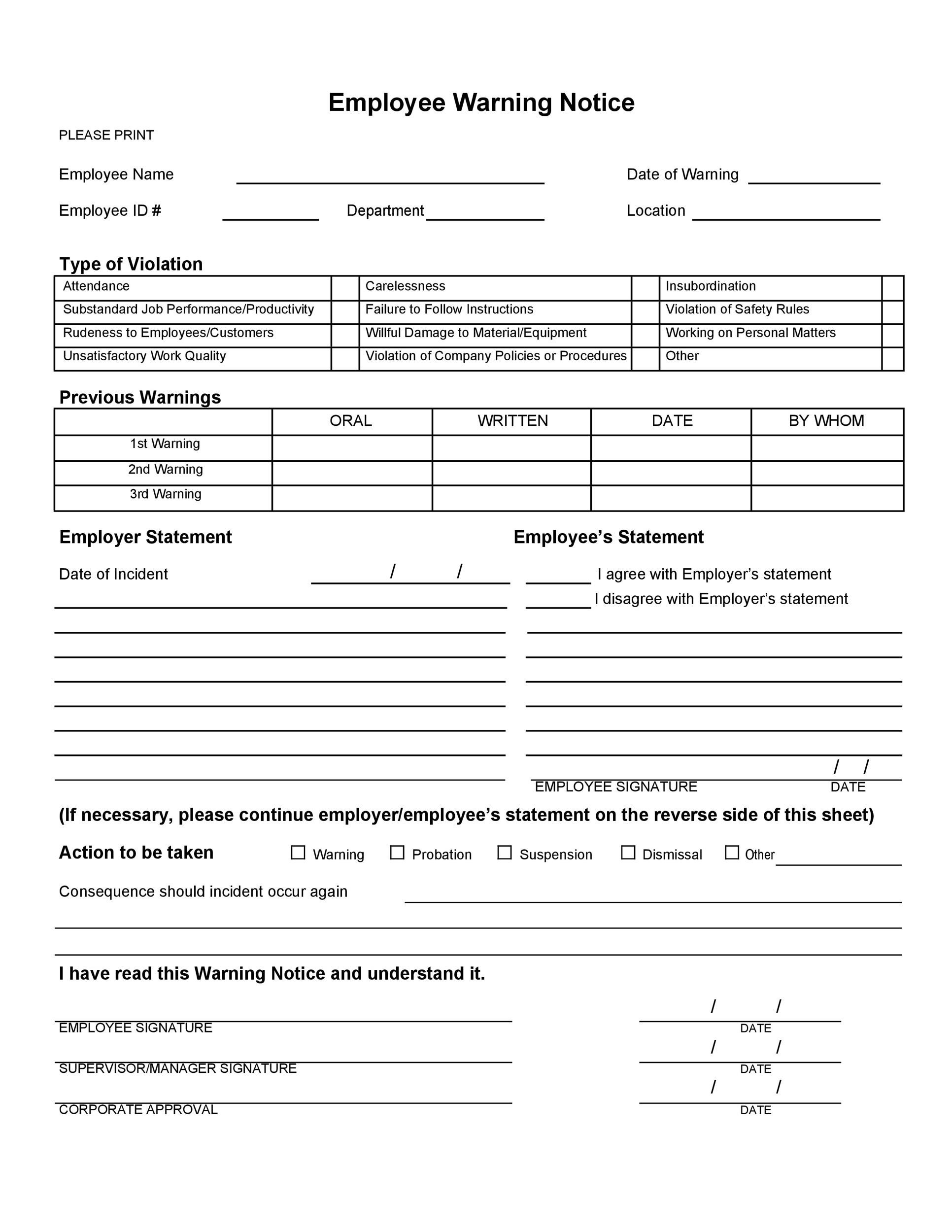 Free Printable Verbal Warning Template
