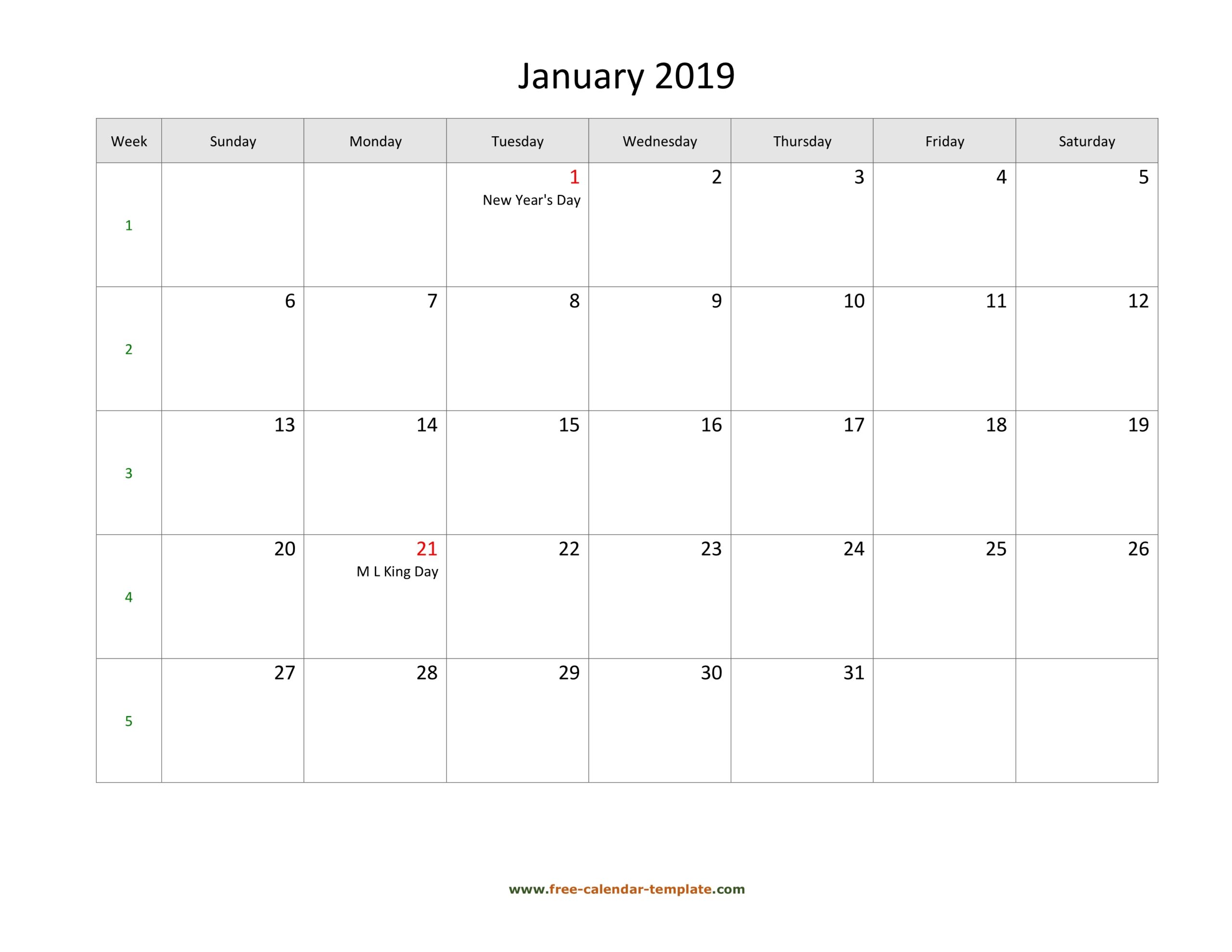 Free 2019 Calendar Blank January Template horizontal Free calendar Template Free 2019 Calendar Blank January Template horizontal Free calendar Template