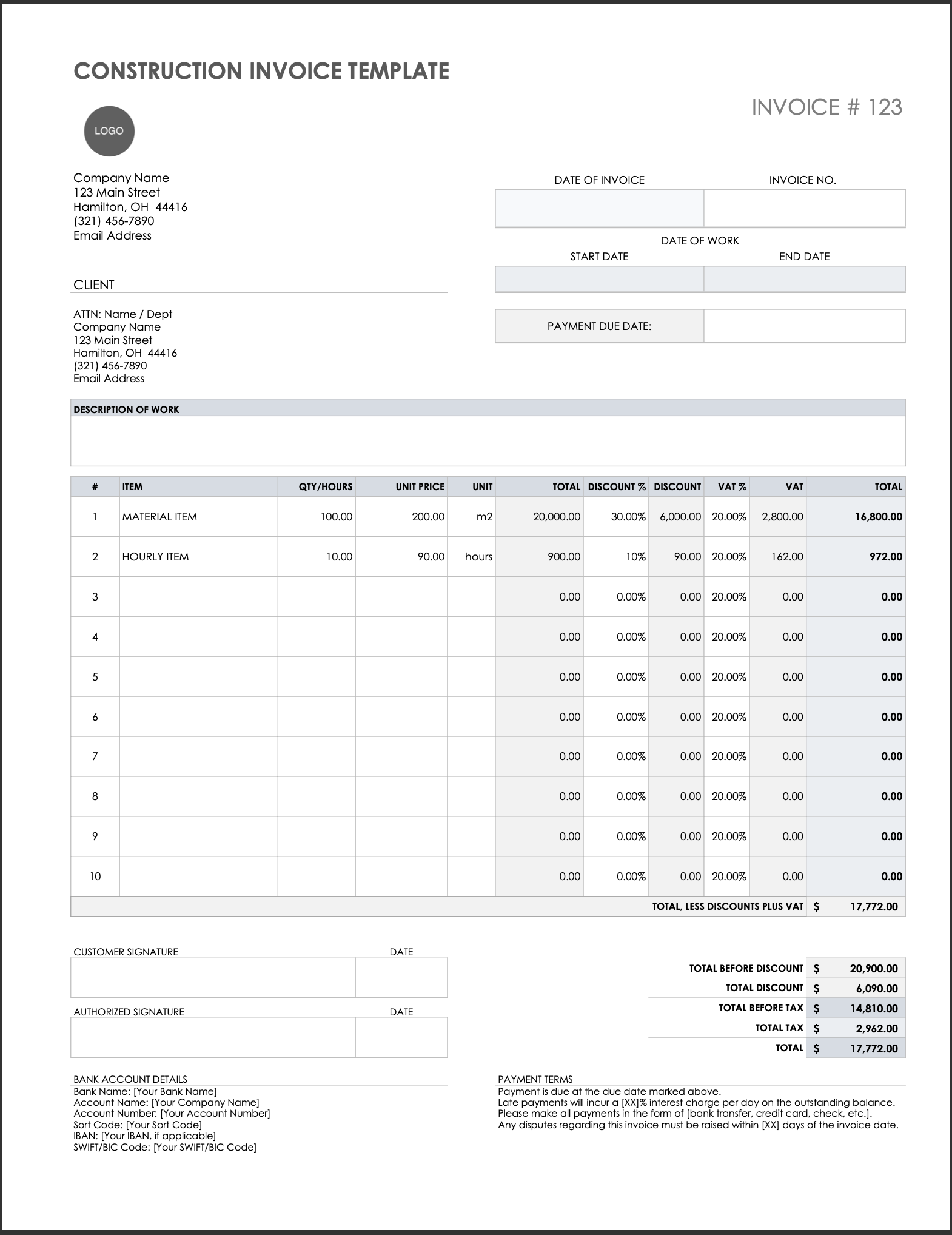 Free Printable Construction Invoice Template