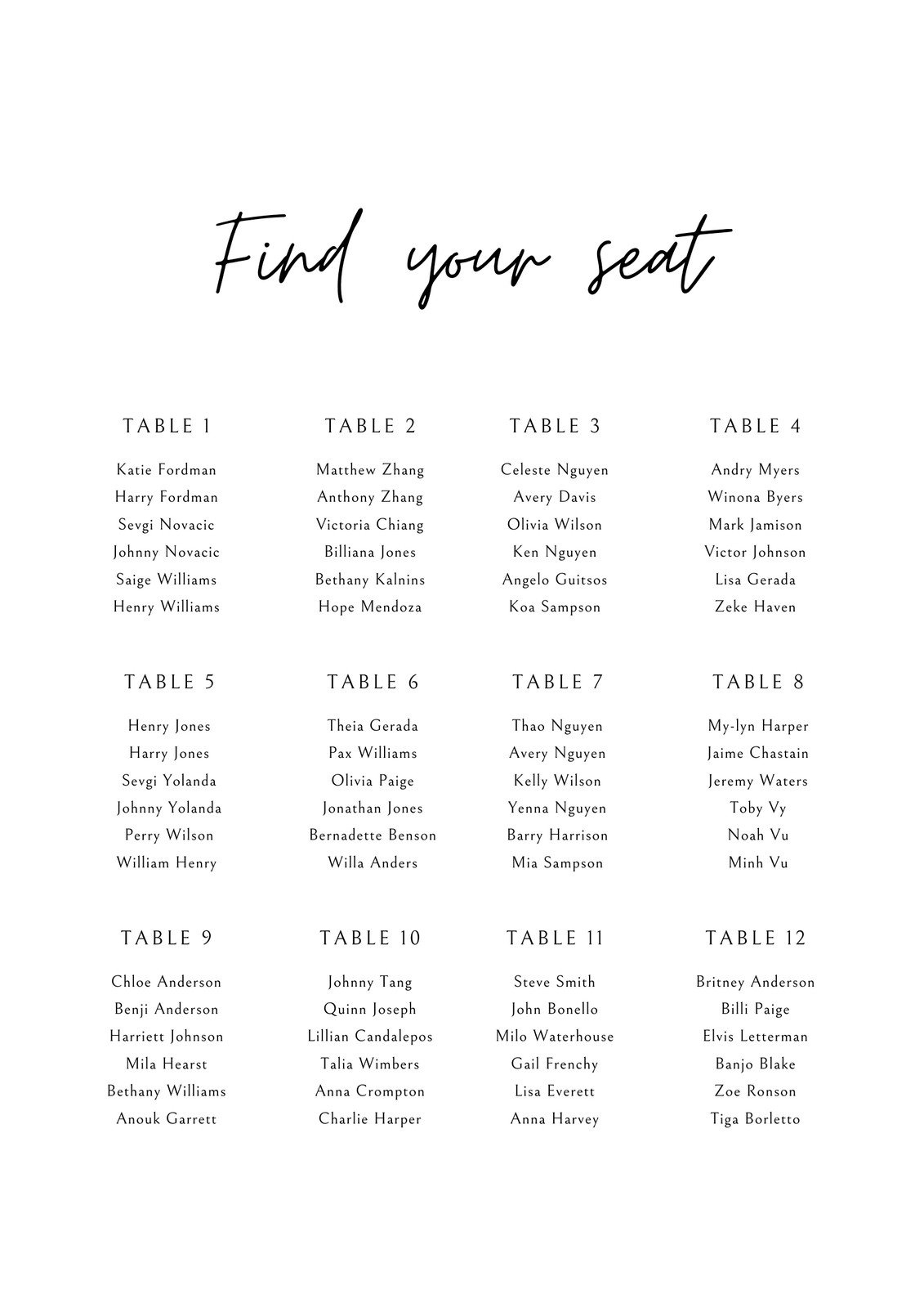 Wedding Seating Chart Template Free Printable