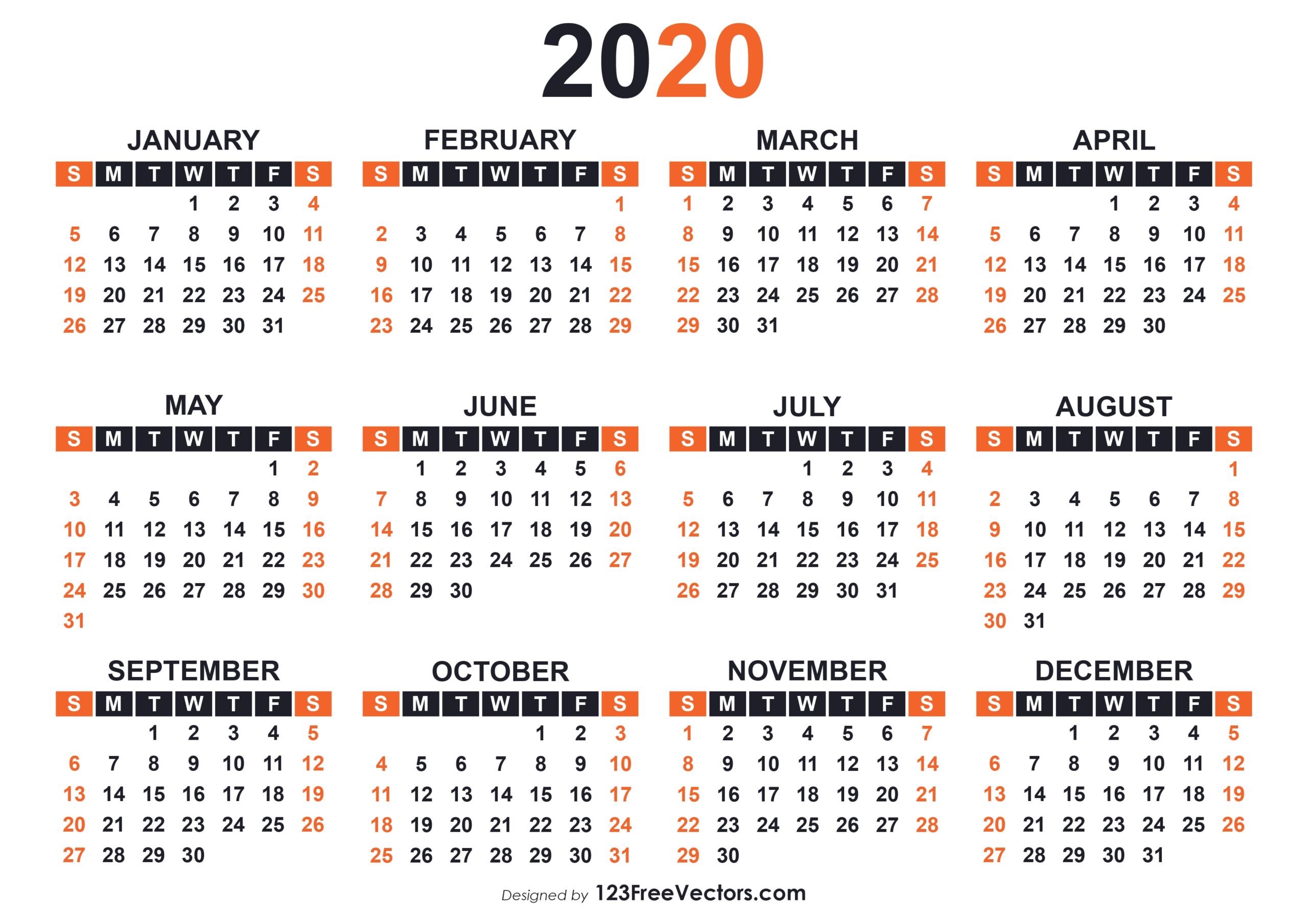 Free Download 2020 Year Calendar Template