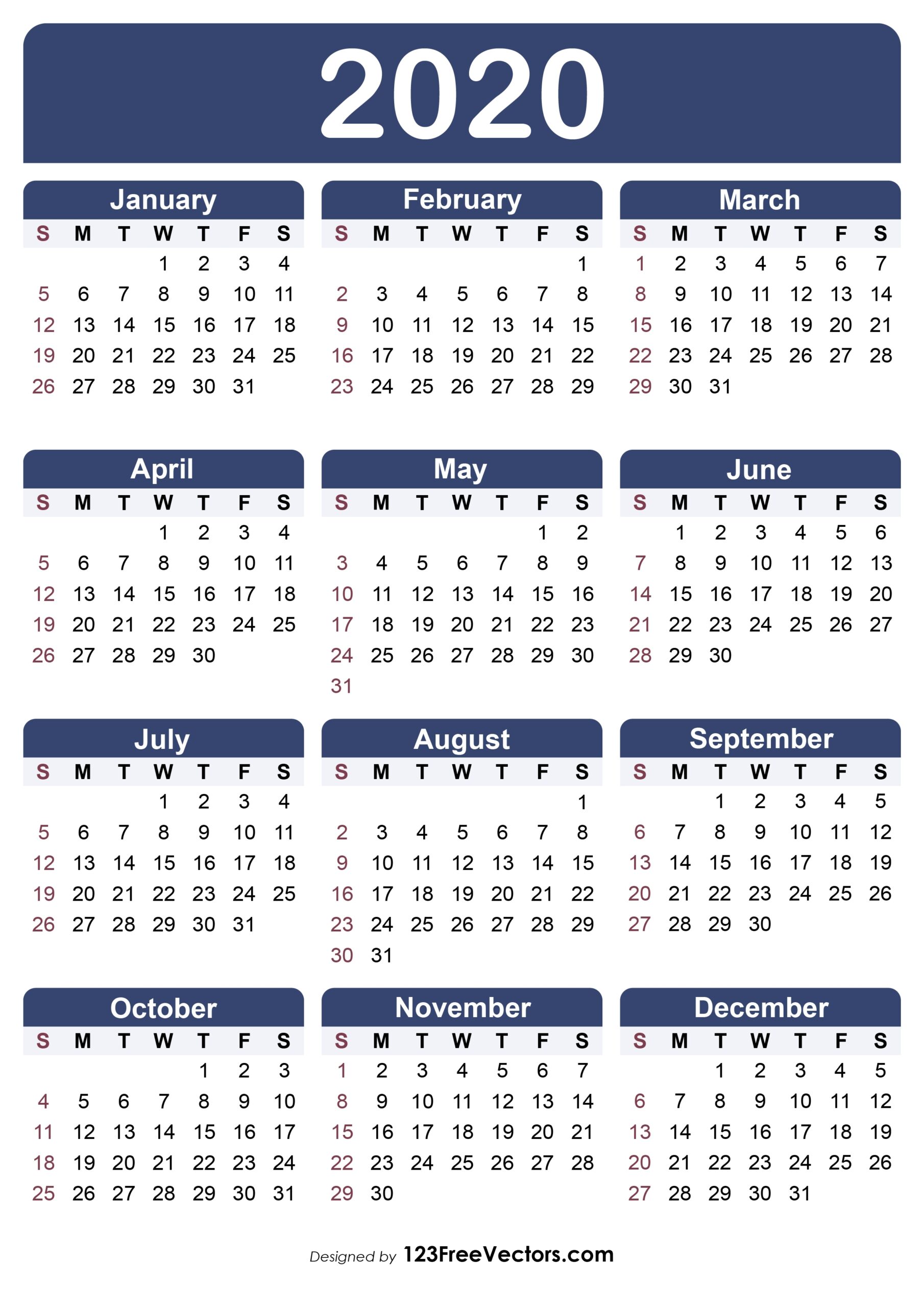 Free Download 2020 Yearly Calendar Template
