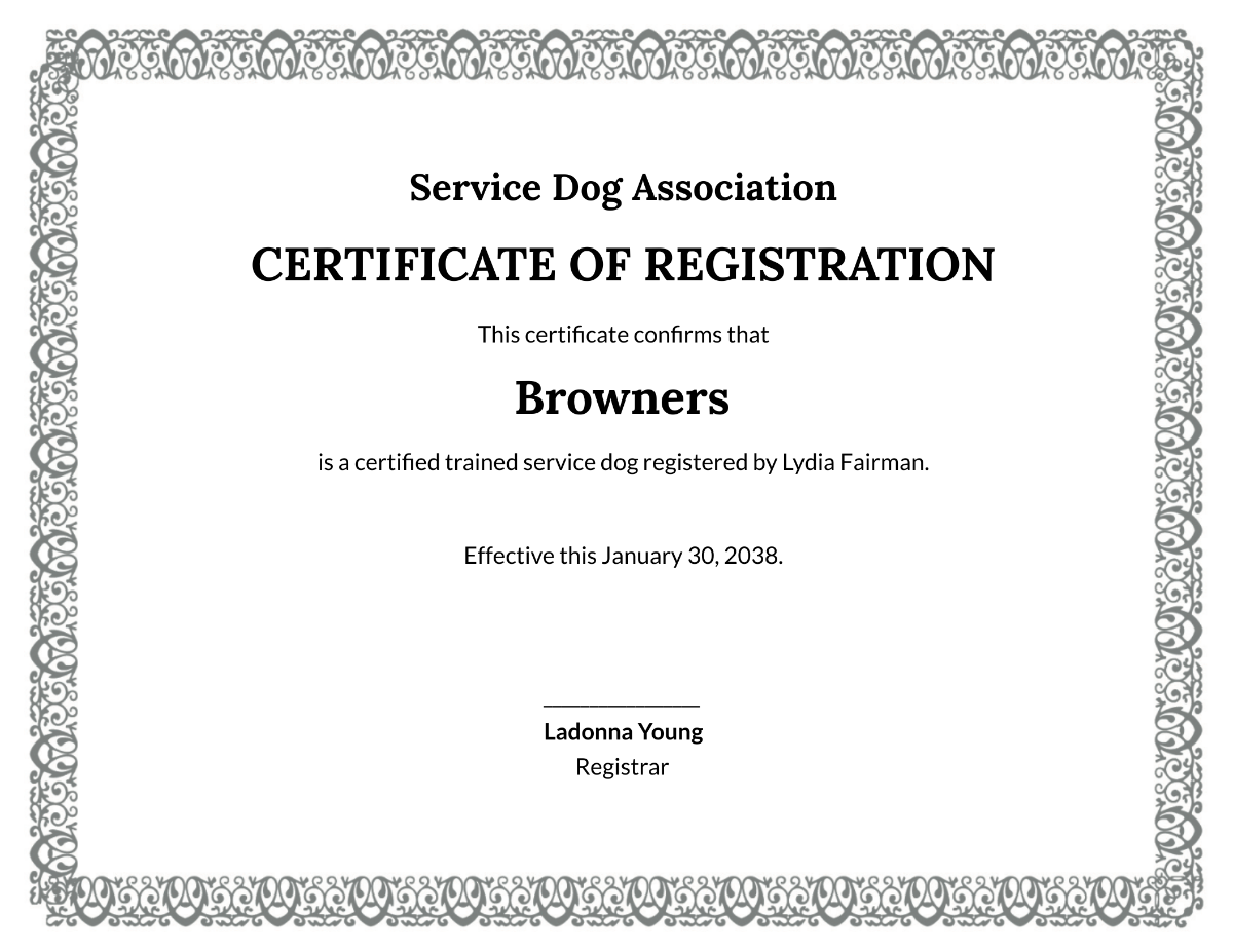 Free Printable Service Dog Certificate Template