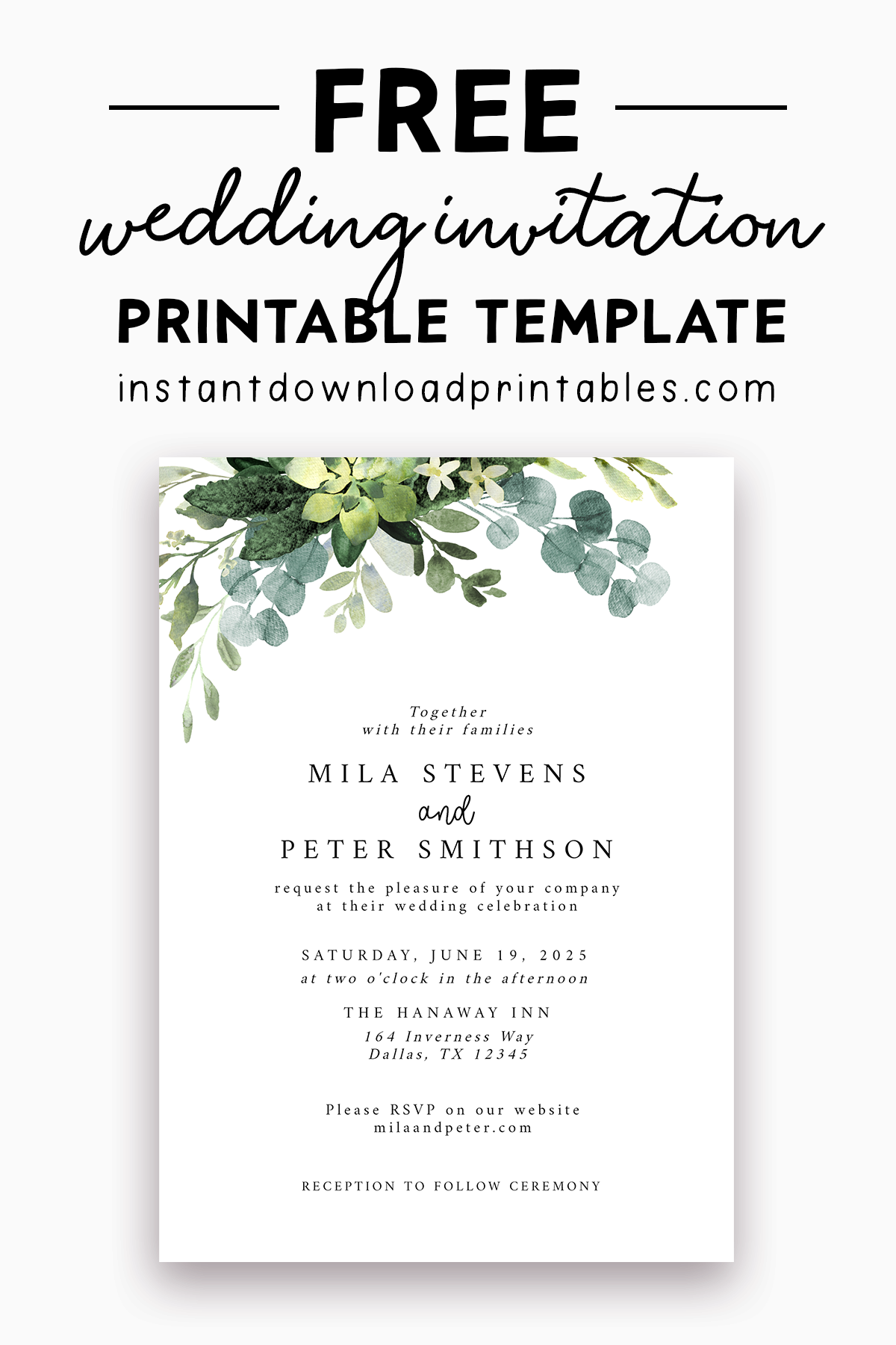 Free Wedding Invitation Template Eucalyptus Green Leaves Instant Download Printables Instant Download Printables