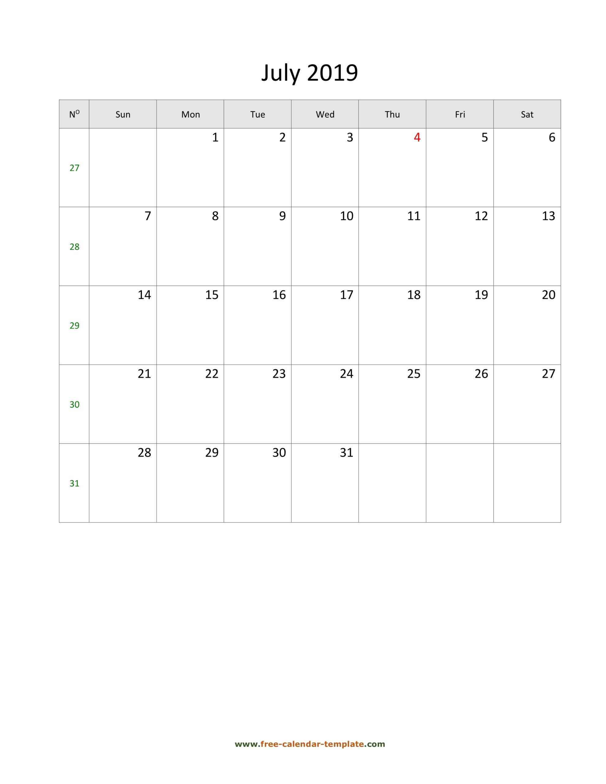 July Calendar 2019 Simple Design With Large Box On Each Day For Notes Free calendar template July Calendar 2019 Simple Design With Large Box On Each Day For Notes Free calendar template