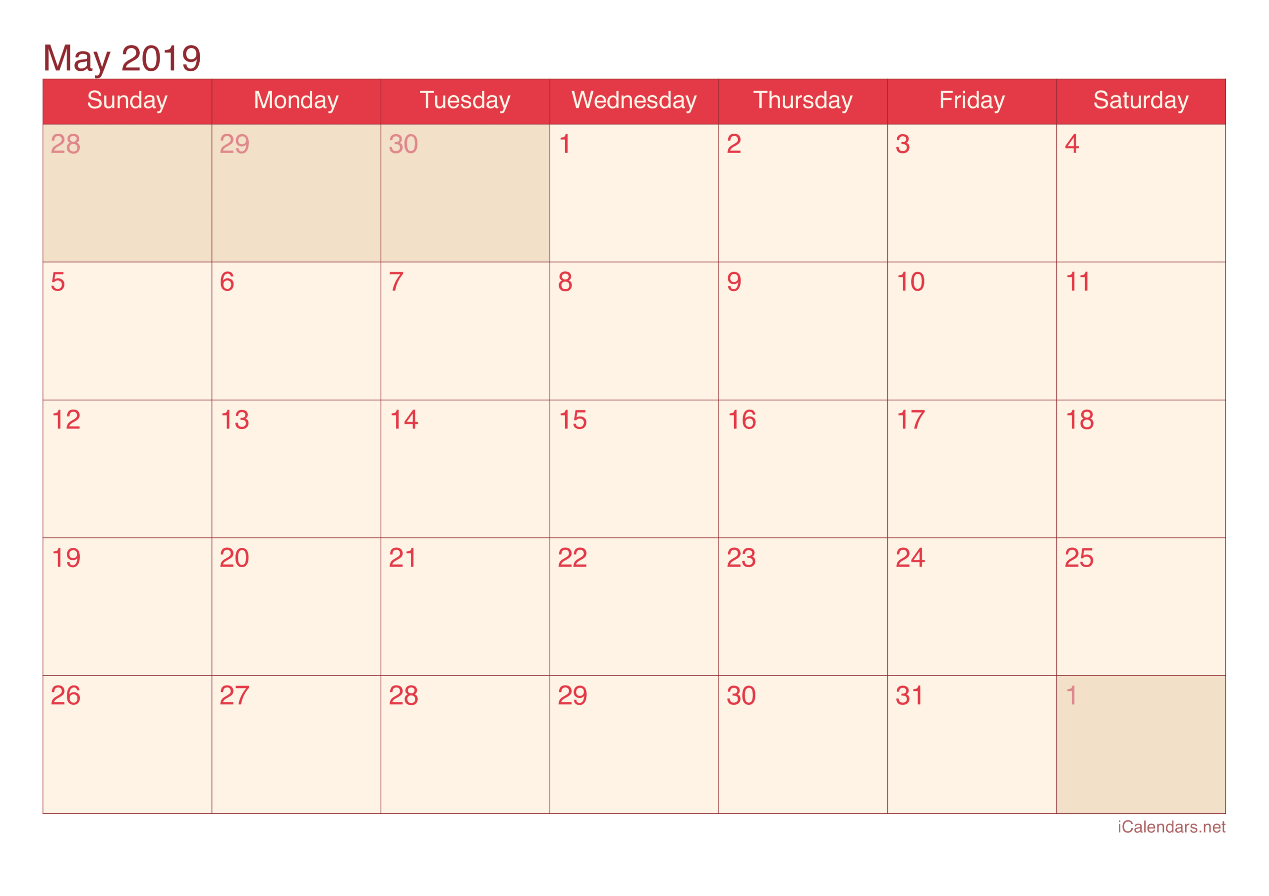 May 2019 Printable Calendar May 2019 Printable Calendar