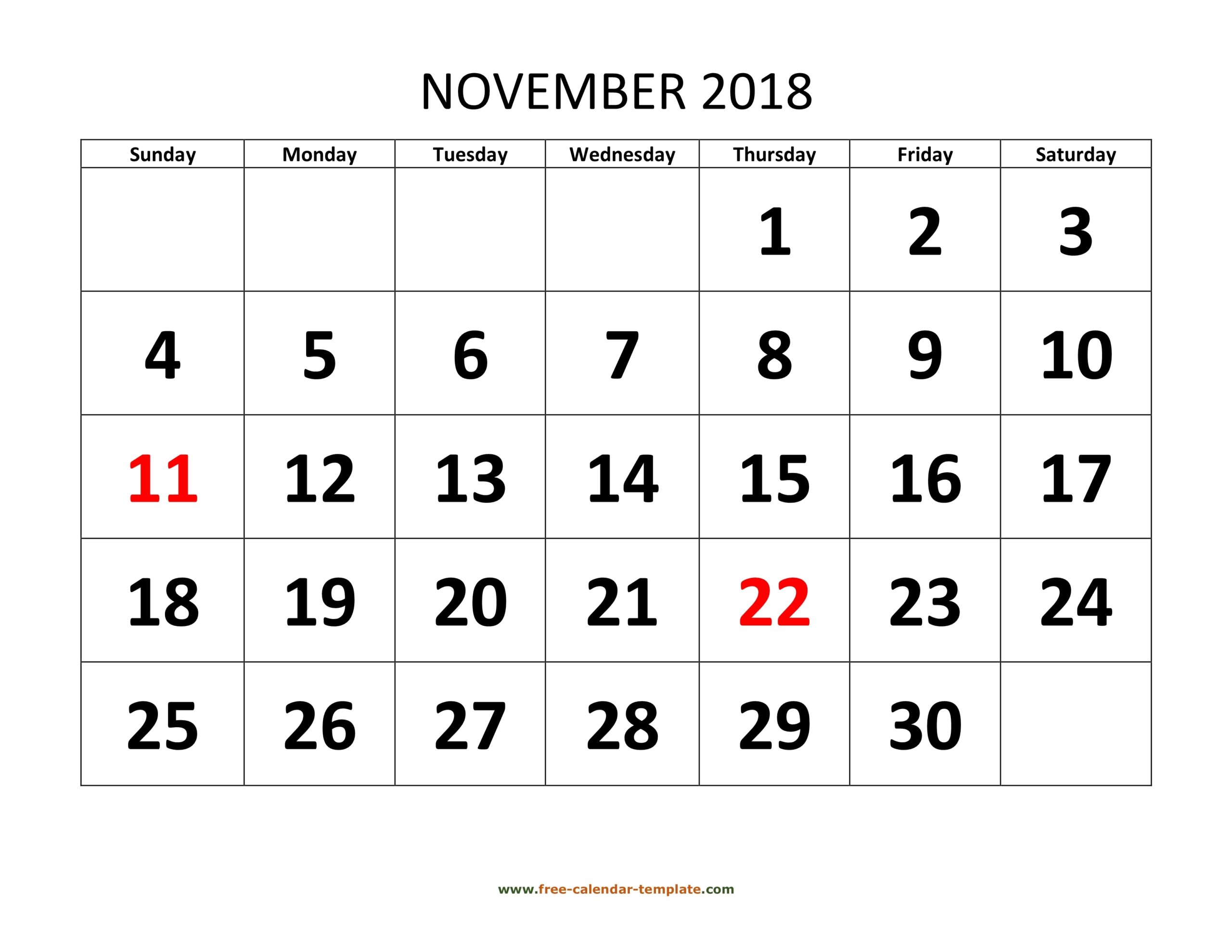 November 2018 Calendar Designed With Large Font horizontal Free calendar template