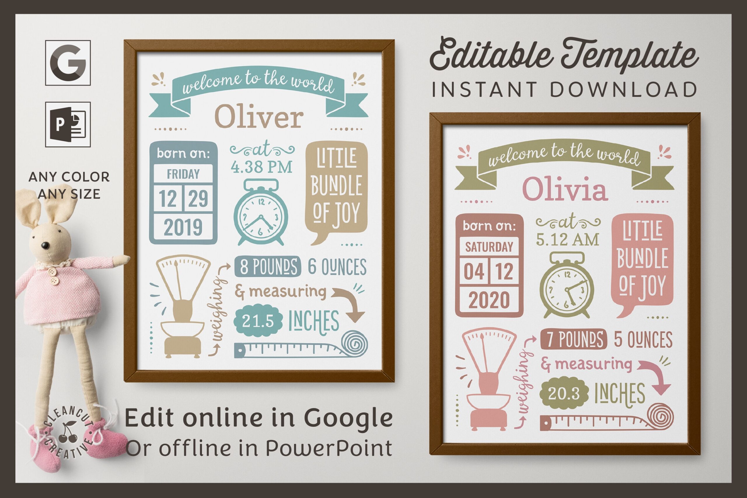 Printable BIRTH ANNOUNCEMENT Template GOOGLE Edit Baby Stats Print By CleanCutCreative TheHungryJPEG