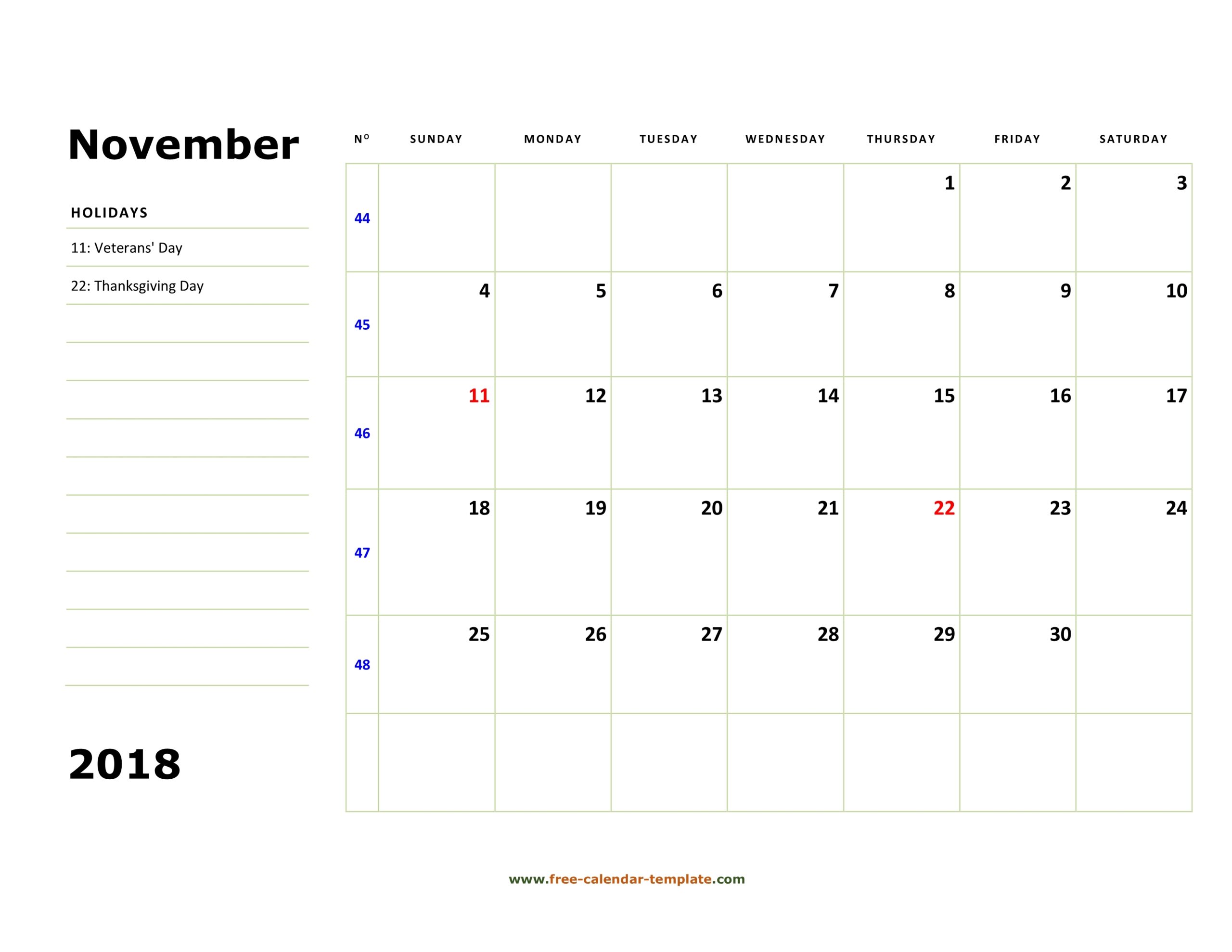 Printable November 2018 Calendar box And Lines For Notes Free calendar Template