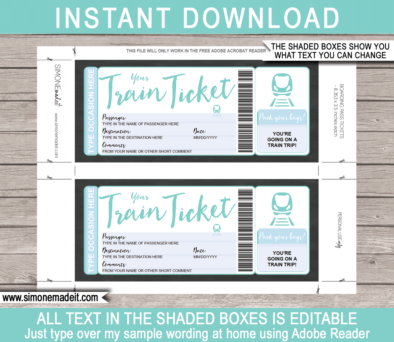Printable Train Ticket Gift Voucher Template Surprise Train Trip Reveal