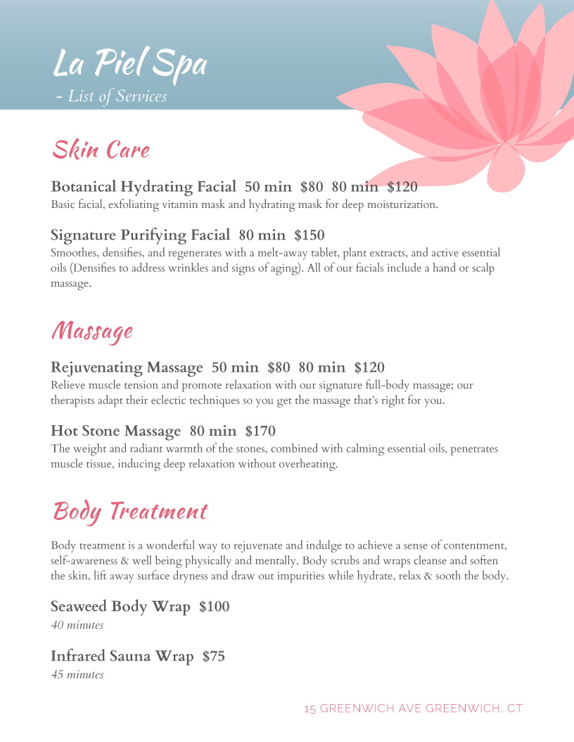 Free Printable Spa Menu Templates
