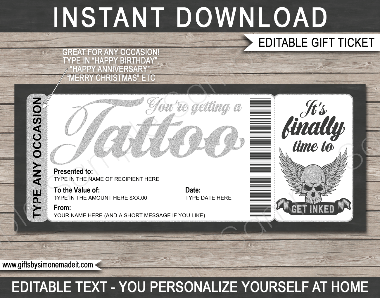 Tattoo Gift Certificate Card Template DIY Printable Gift Voucher